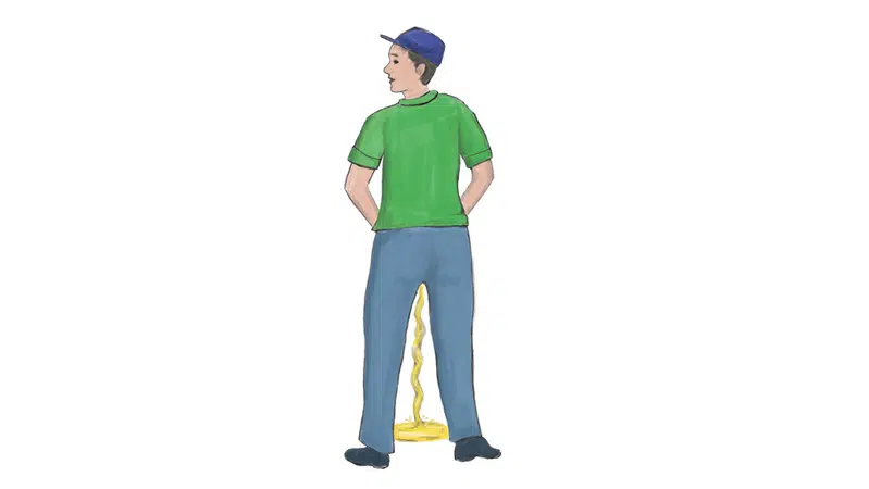 Tegning, der uformelt viser en mand, der står og tisser